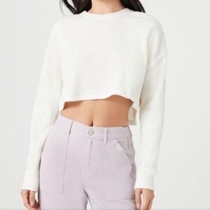 Long-Sleeve White Ribbed Knit Crop Top